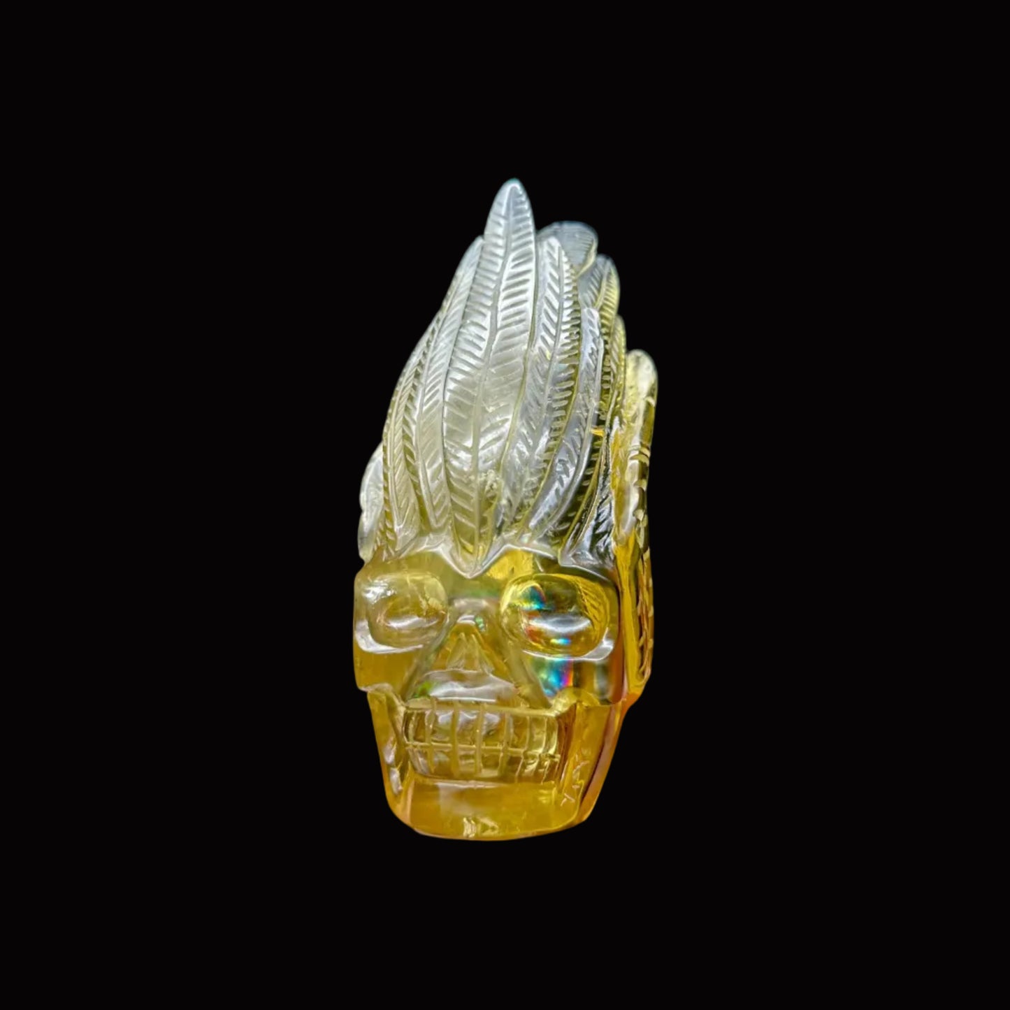 Rainbow-Filled High-Quality Citrine Feather Head Carved Skull – 5 Inches, 725g