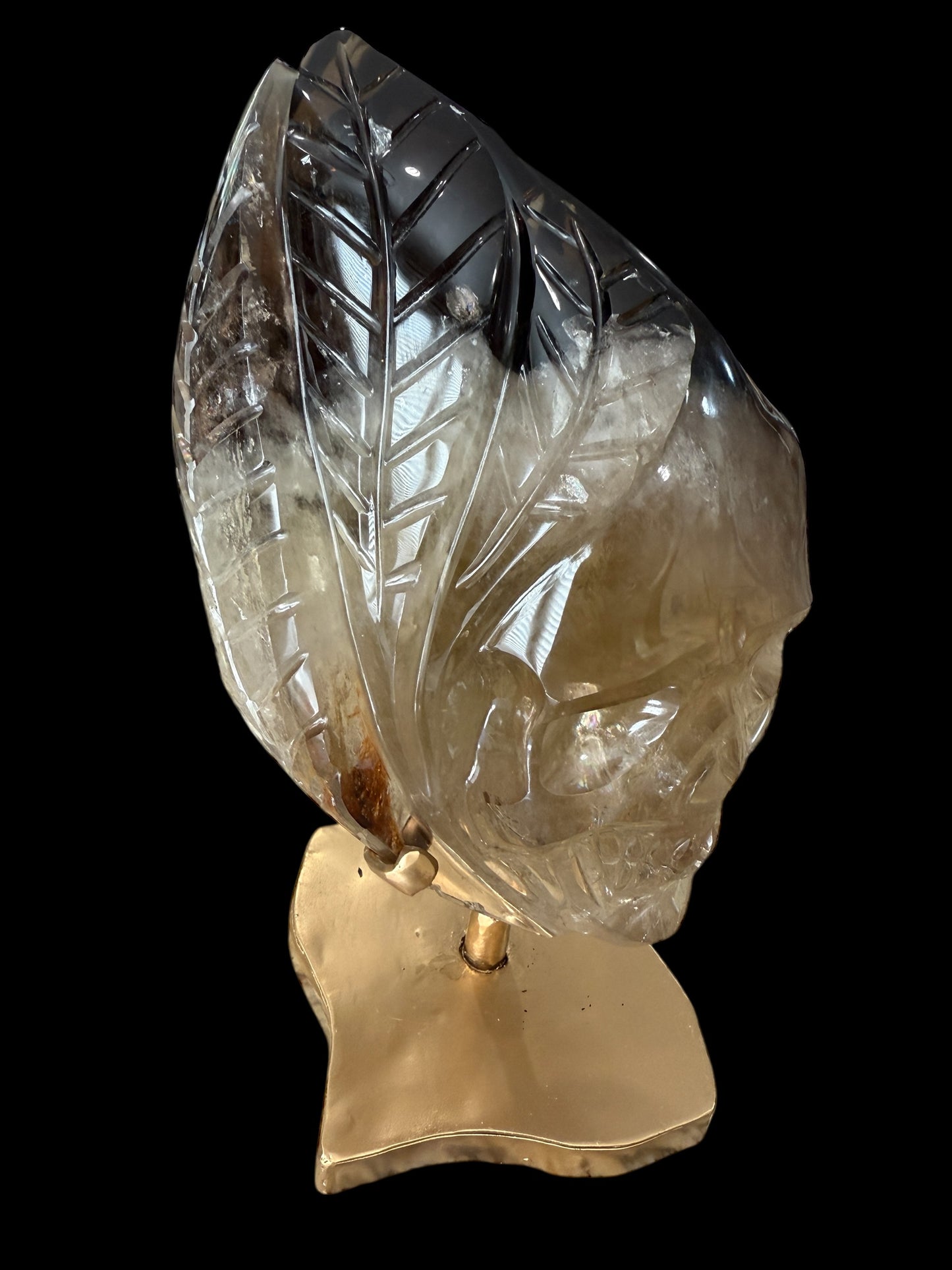 High Quality Brazilian Citrine Skull Sculpture with Leaf Details | Rare Citrine–Smoky Citrine Custom Carving on Gold Rotating Stand