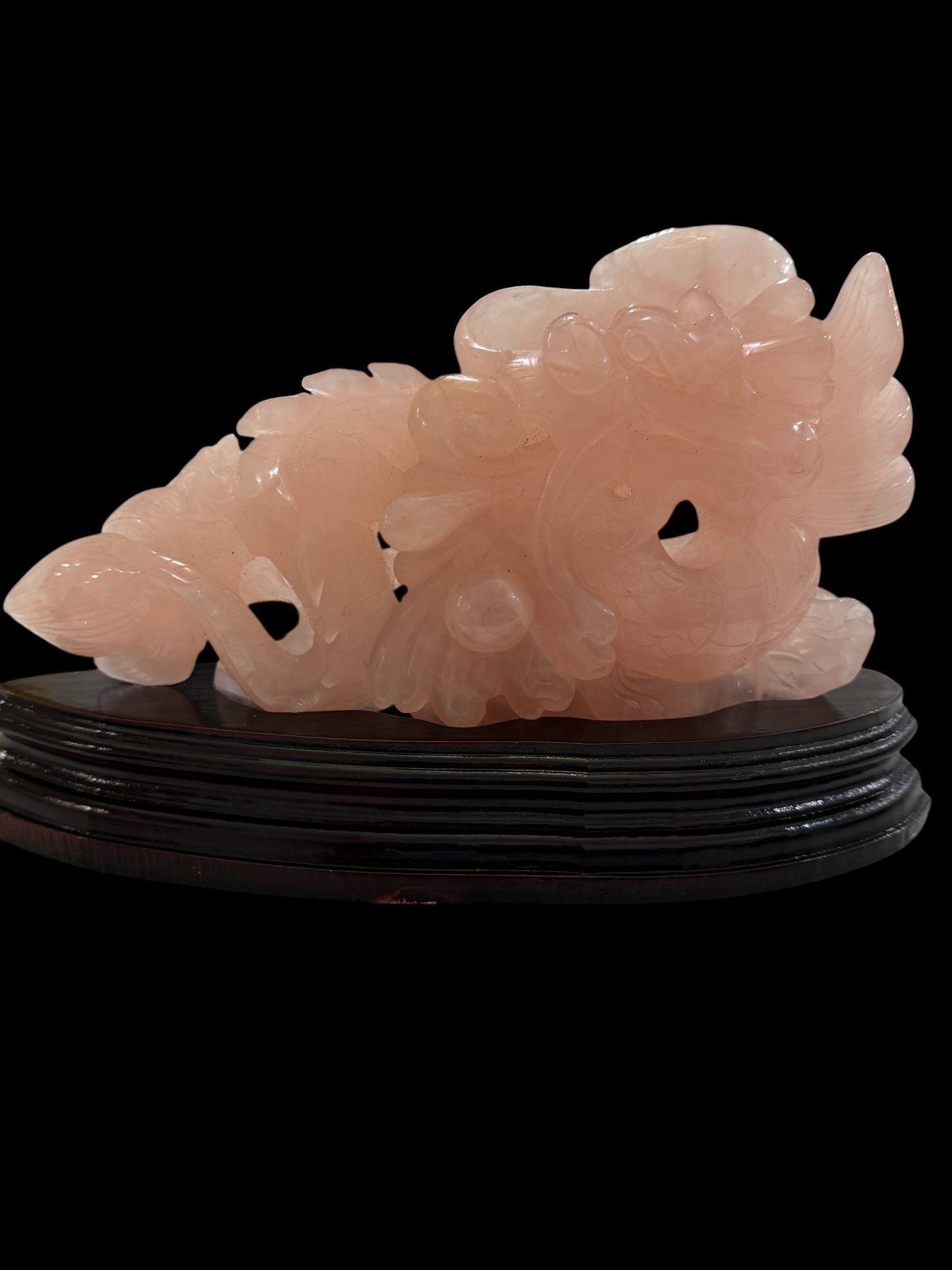 Rose Quartz Hand-Carved Dragon Sculpture – Genuine Crystal Carving on Wooden Stand | You Receive Exact Piece