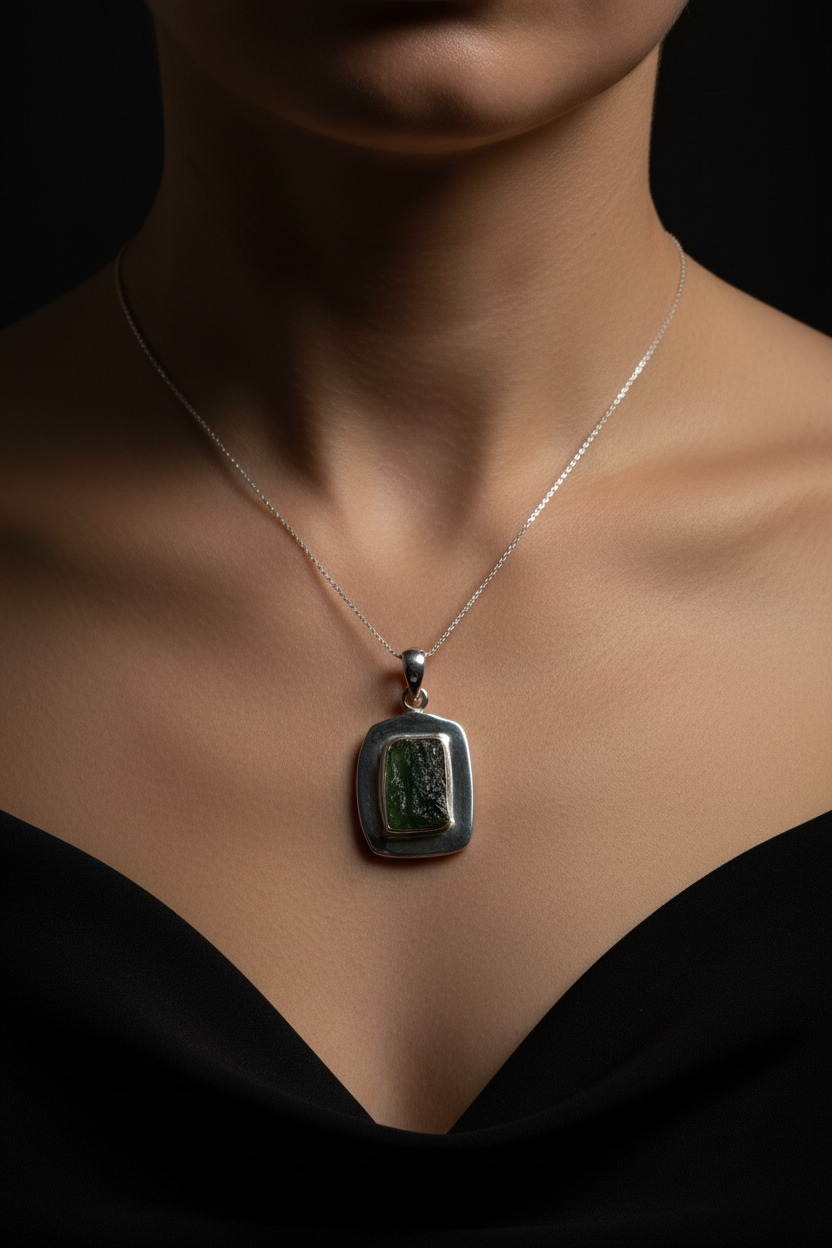 Moldavite Pendant - Worn