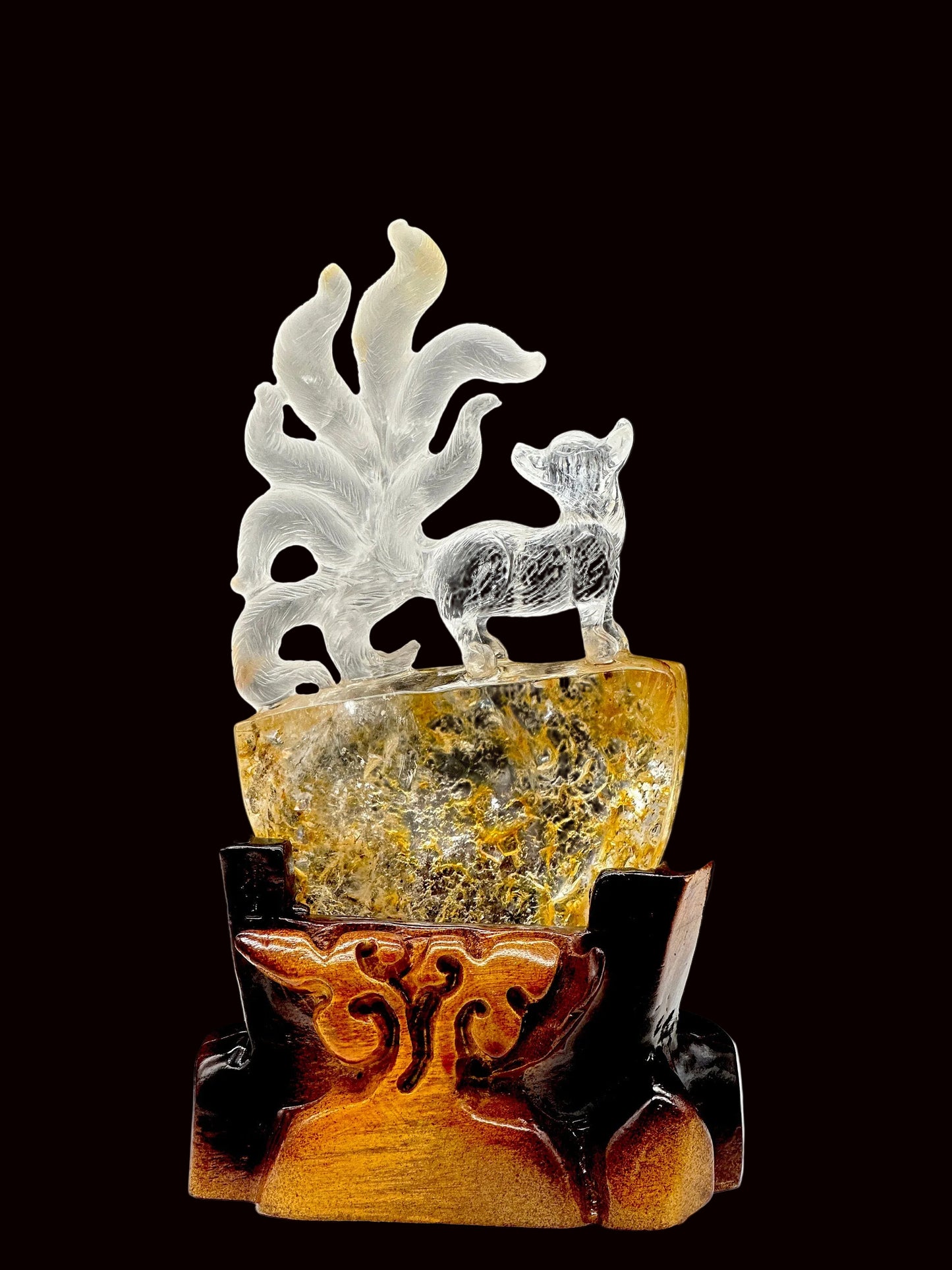 Museum Grade Golden Healer Nine Tail Fox Hand Carved, Nine Tailed Fox Carving with custom wooden stand, lucky charm