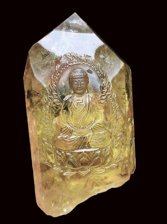 Natural Citrine Buddha Carving on a wooden stand, Good Luck and Prosperity Citrine Buddha, Carved Buddha- Buddha Gifts, home decor
