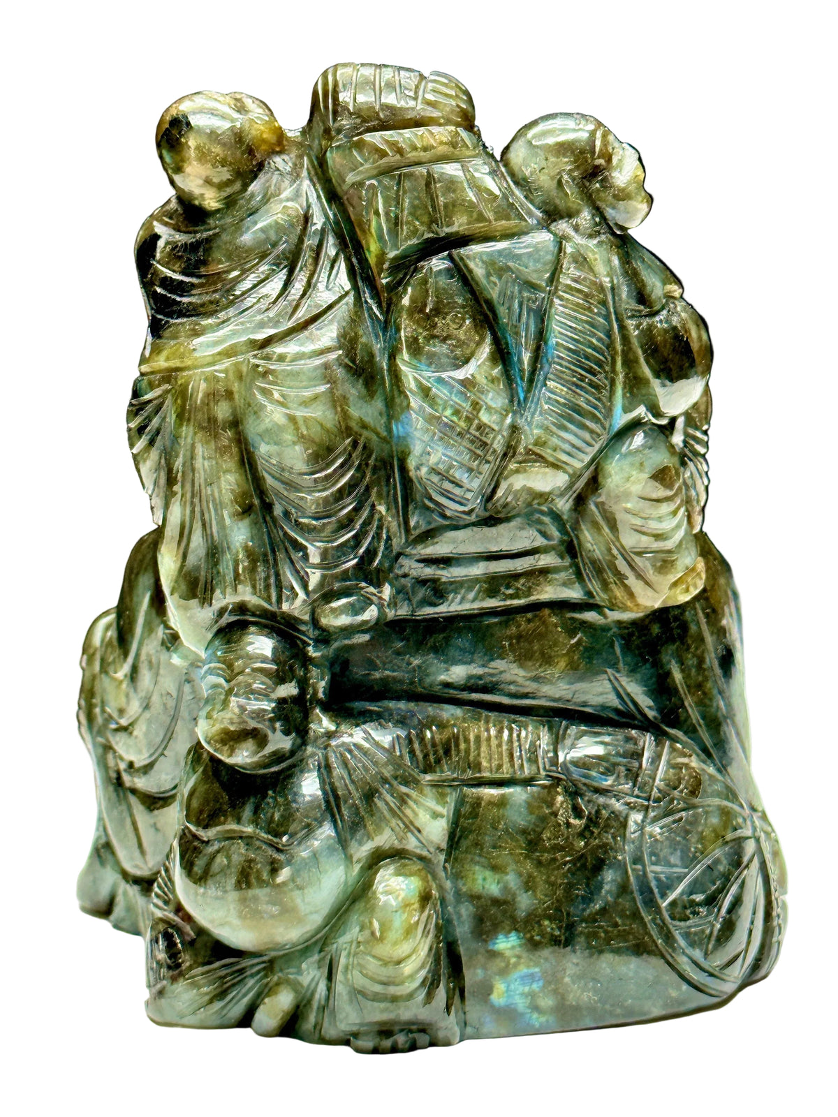Labradorite Laughing Buddha - handmade carving of serene and smiling Buddha or Hotei - crystal/reiki/healing - 12 inch & 3 kg (6 lb)