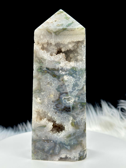 Forgiveness & Happiness Moss Agate Tower, Druzy Moss Agate Tower, Moss Agate Point, 1kg and 15 inches tall