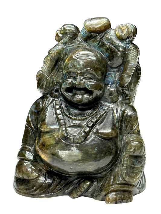 Labradorite Laughing Buddha - handmade carving of serene and smiling Buddha or Hotei - crystal/reiki/healing - 12 inch & 3 kg (6 lb)