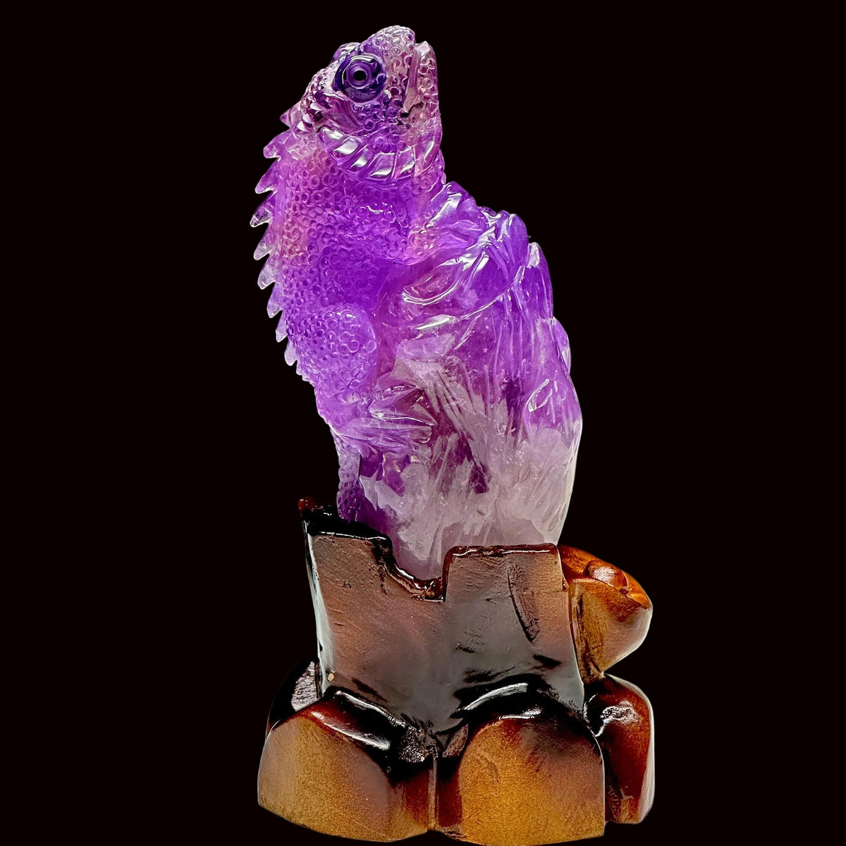 Ametrine Lizard Carving On a Carved Wooden Stand, Hand Carved Ametrine Crystal Lizard Carving