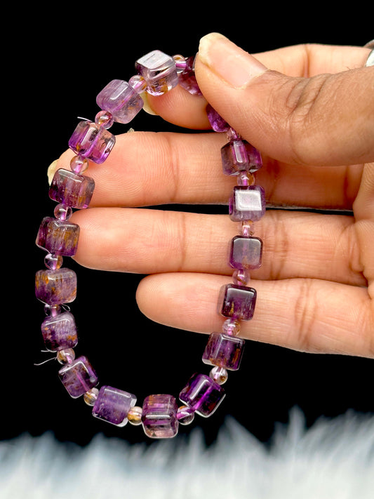 High Quality Natural Auralite Bracelet, Purple Cacoxenite Gold Rutilated Quartz Bracelet - Authentic Canadian Auralite, Crystal Bracelet