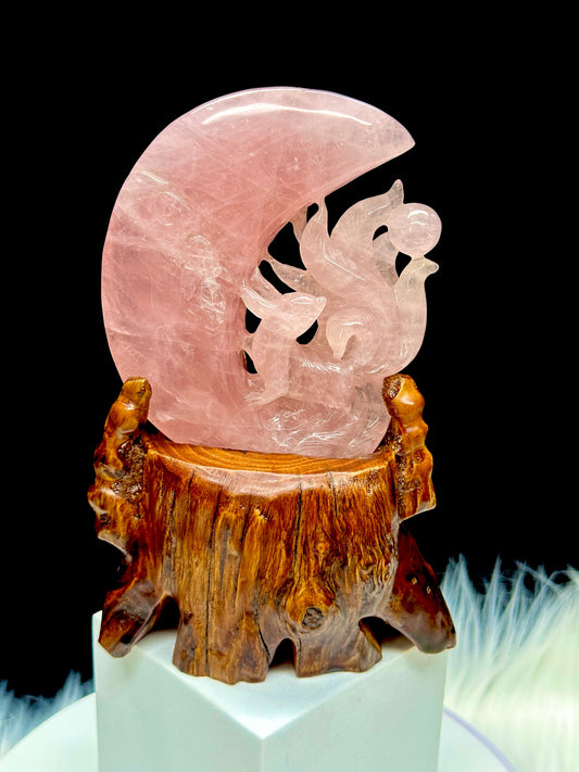Beautiful Rose Quartz Nine Tail Fox Carving On Custom Wooden Stand