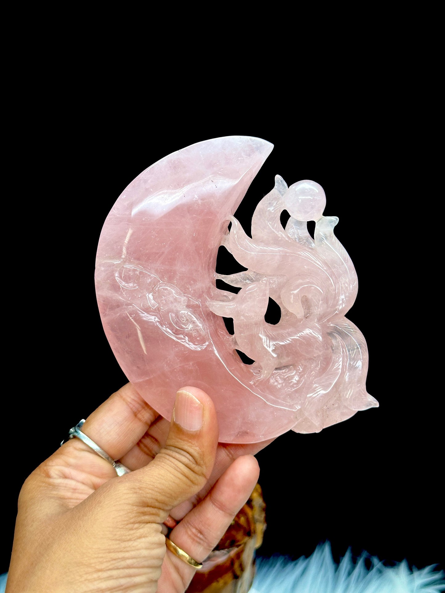 Beautiful Rose Quartz Nine Tail Fox Carving On Custom Wooden Stand