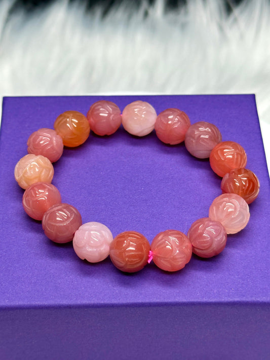 High-quality Natural Agate pink-red lotus flower bracelet, Stone of Strength Agate Bracelet
