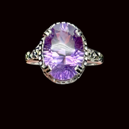 Oval Amethyst Solitaire Vintage Antique Style Sterling Silver Engagement Ring, Amethyst adjustable size Ring, Gift Item