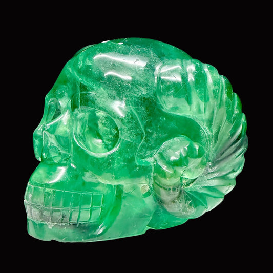 Super High Quality Natural Green Fluorite Skull with horn, Crystal Skull, Hand Carved Super Realistic Skull