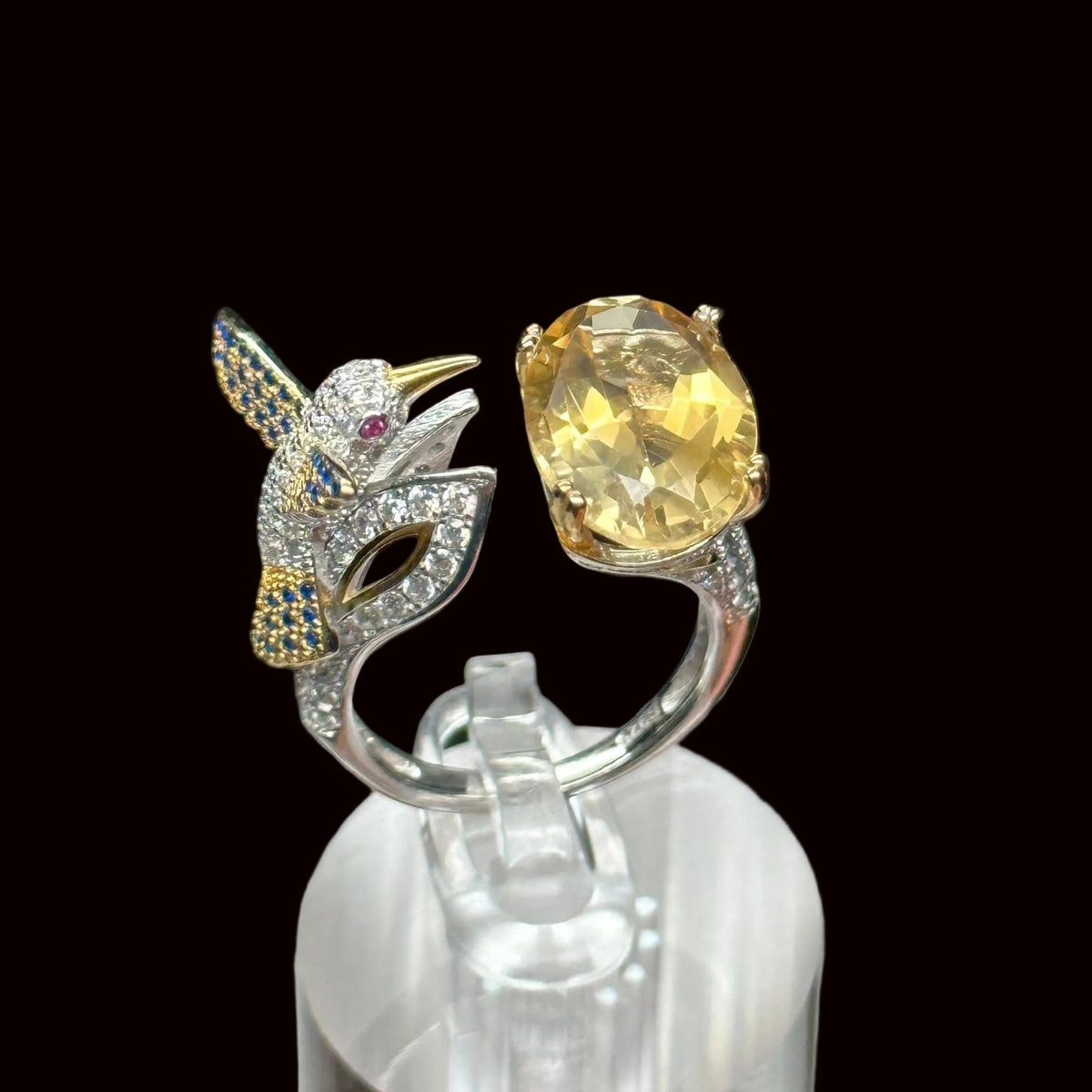 High Quality Natural Citrine Ring in Sterling Silver and humming bird, Adjustable Size