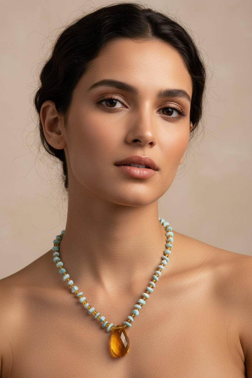 Top Grade Larimar Necklace with Natural Blue Amber Pendant
