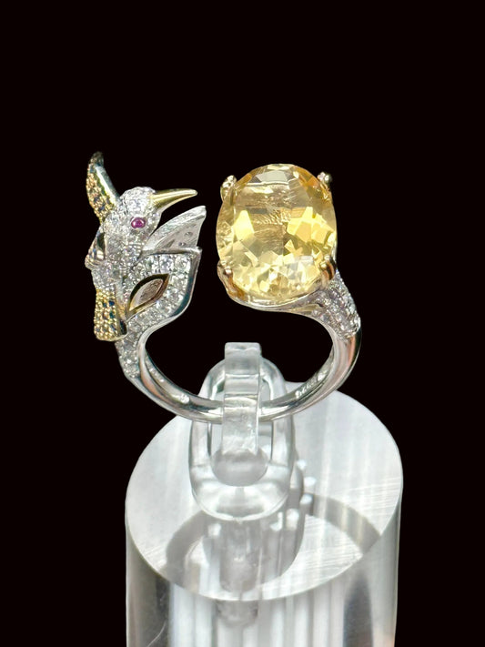 High Quality Natural Citrine Ring in Sterling Silver and humming bird, Adjustable Size