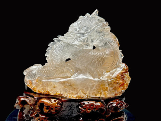 Golden Healer Quartz Crystal Dragon Carving, Feng Shui Lucky Carving for Wealth and Power