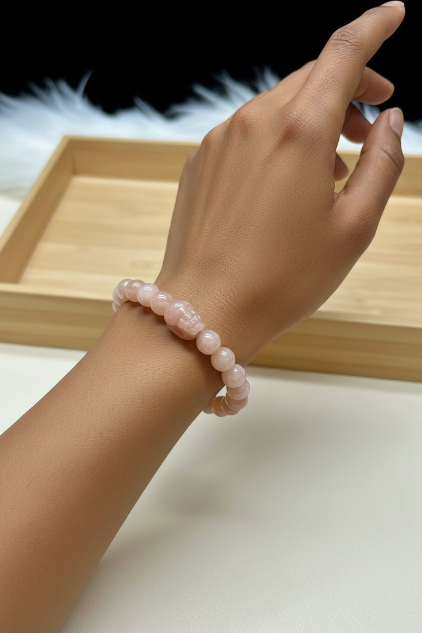 Peach Moonstone Bracelet with Pixiu Carving - 8mm Bead Size