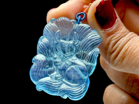 Top Grade Aquamarine Crystal Pendant with Feng Shui Lucky Nine Tail Fox Carving