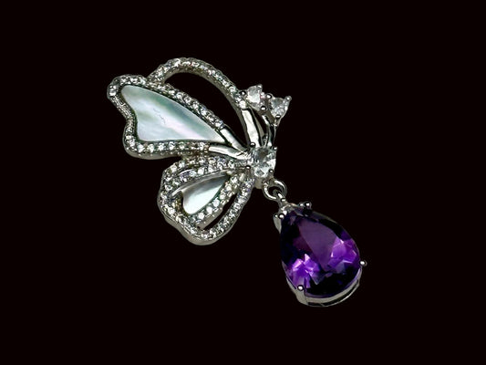 High-Quality Amethyst Crystal and Shell Butterfly Pendant in Sterling Silver - Handcrafted Healing Jewelry