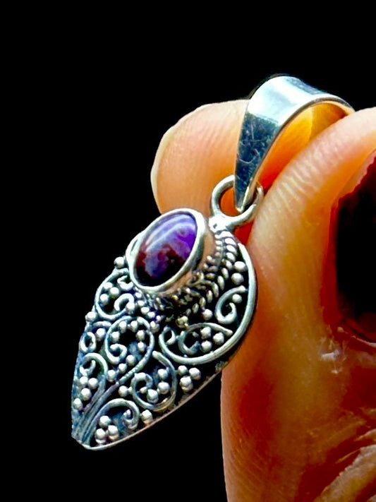 Sugilite Crystal in Sterling Silver | Silver Leaf Shaped Pendant| Dainty Gemstone Necklace | Metaphysical Jewelry