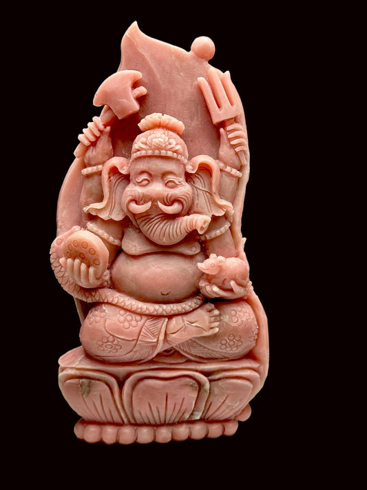 Hand-carved Peruvian Pink Opal Crystal Ganesha - Unique Spiritual Decor