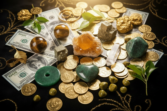 Crystals for money and wealth including pyrite, citrine, and malachite arranged together