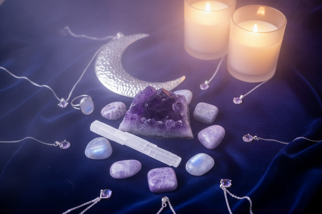 Crystals for sleep and insomnia – amethyst, selenite, and howlite on a nightstand for restful sleep