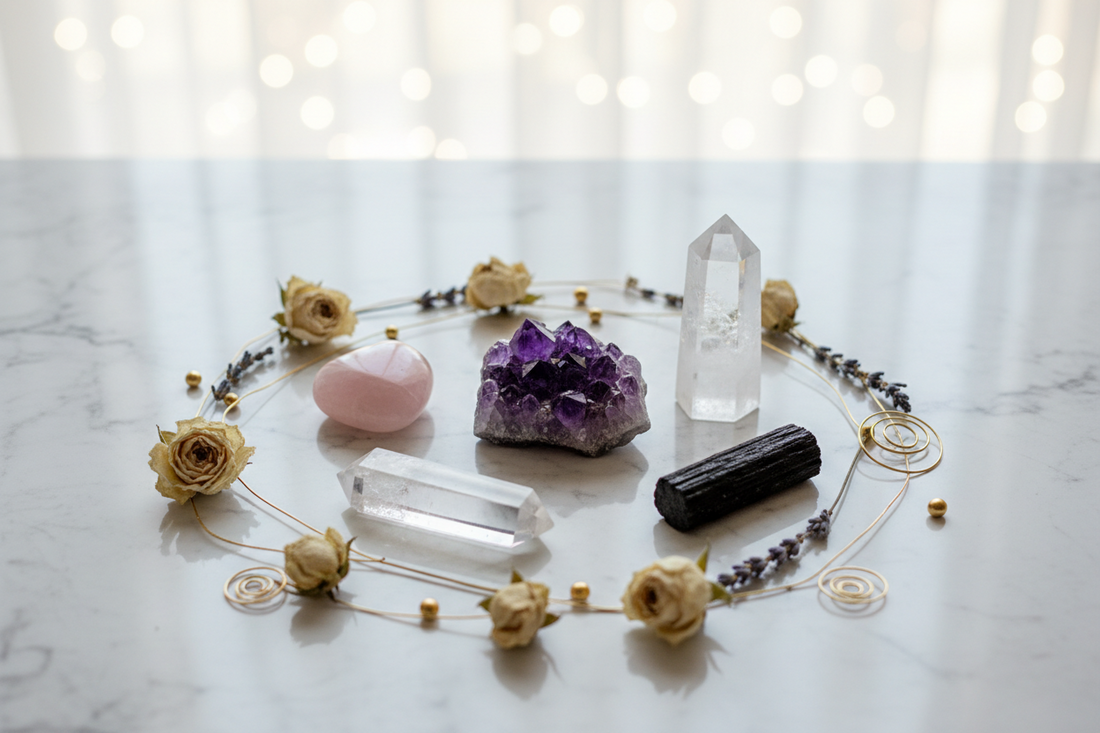 Four essential healing crystals for beginners: clear quartz, amethyst, rose quartz, and black tourmaline