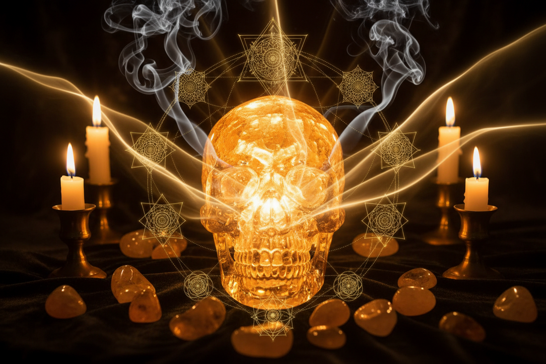 Citrine crystal skull glowing with golden energy for abundance and prosperity
