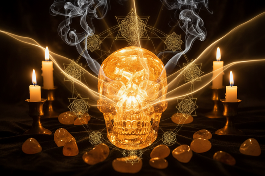 Citrine crystal skull glowing with golden energy for abundance and prosperity