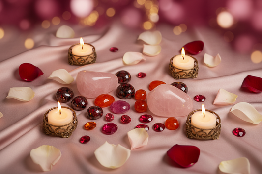 Crystals for love and intimacy including rose quartz, carnelian, moonstone, and garnet arranged in a romantic setting