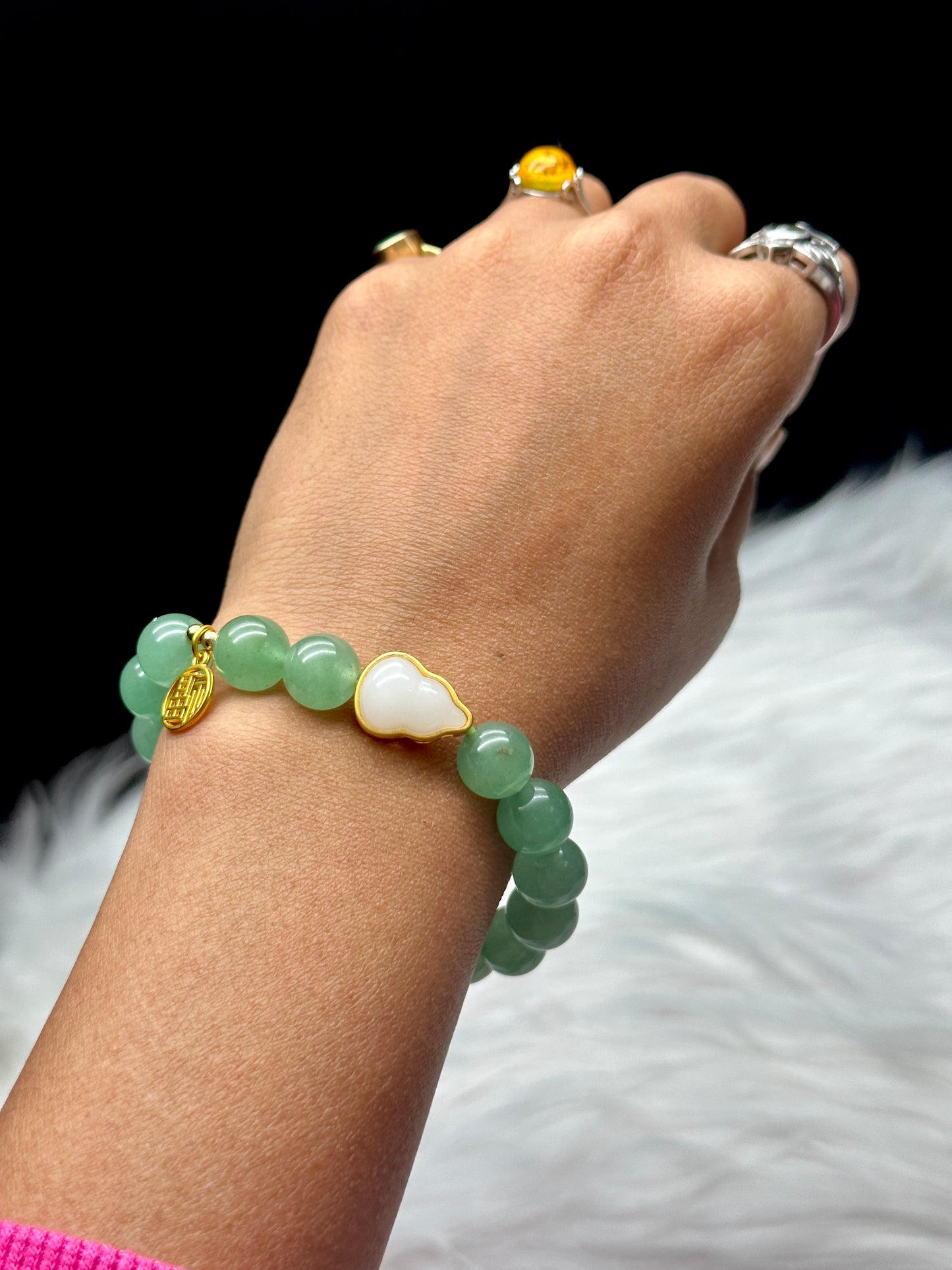 Green Aventurine Crystal Bracelet with White Jade Wulu Charm - 9mm Beads