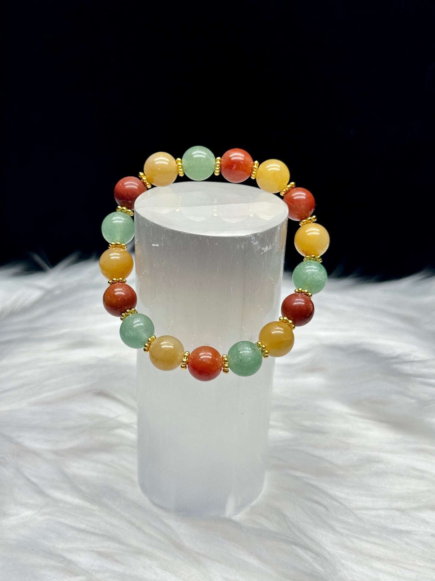 Harmony and Vitality Crystal Bracelet - Green Aventurine, Red, and Yellow Agate Mix