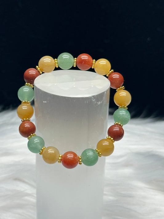 Harmony and Vitality Crystal Bracelet - Green Aventurine, Red, and Yellow Agate Mix