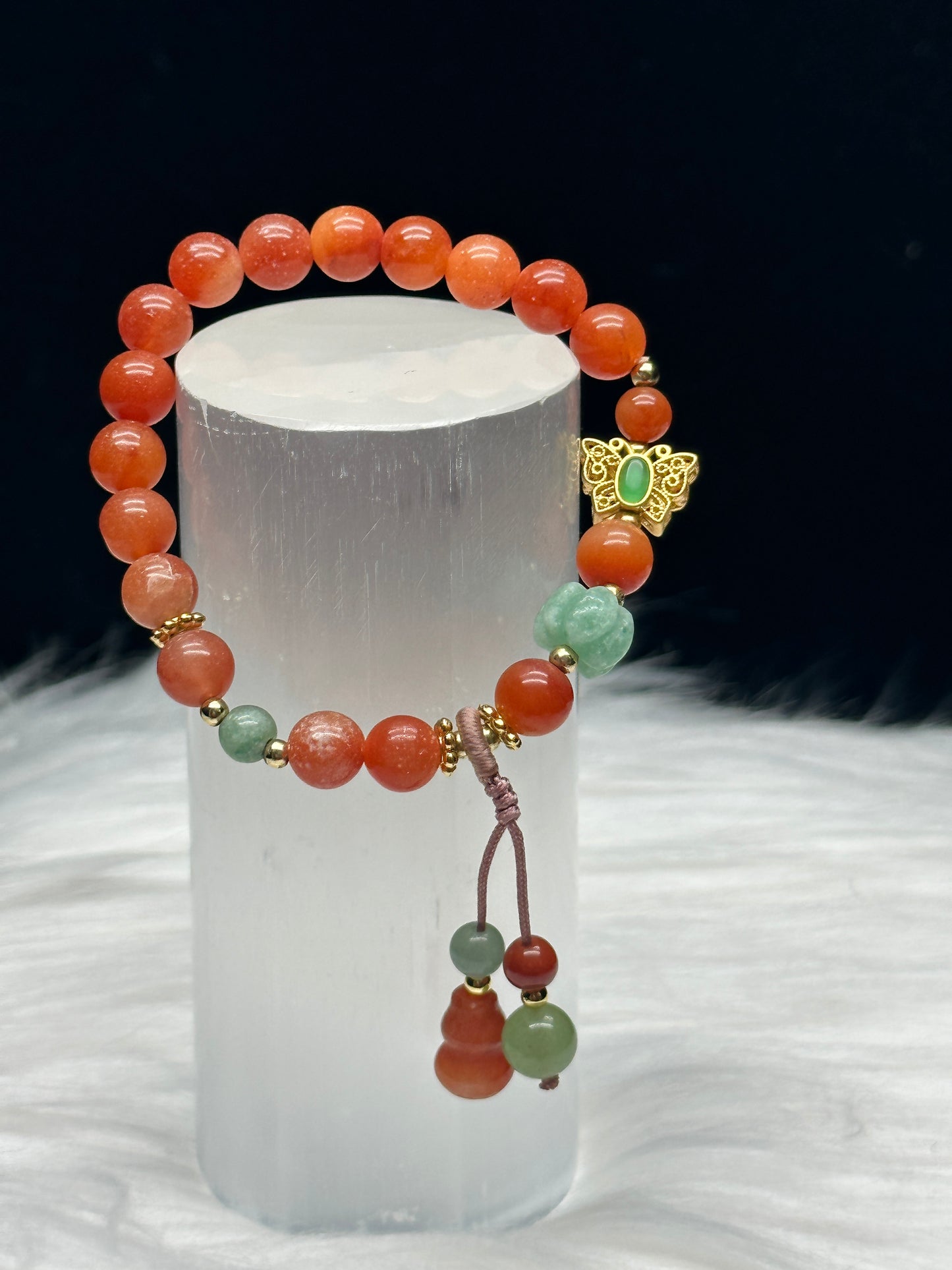 Handcrafted Agate Bracelet with Butterfly and Pumpkin Charm - Healing Crystal Jewelry