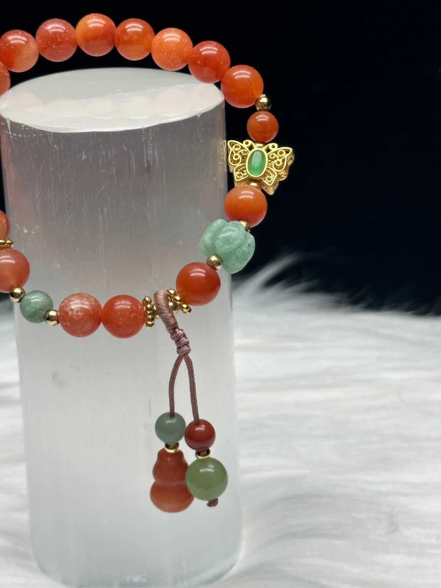 Handcrafted Agate Bracelet with Butterfly and Pumpkin Charm - Healing Crystal Jewelry