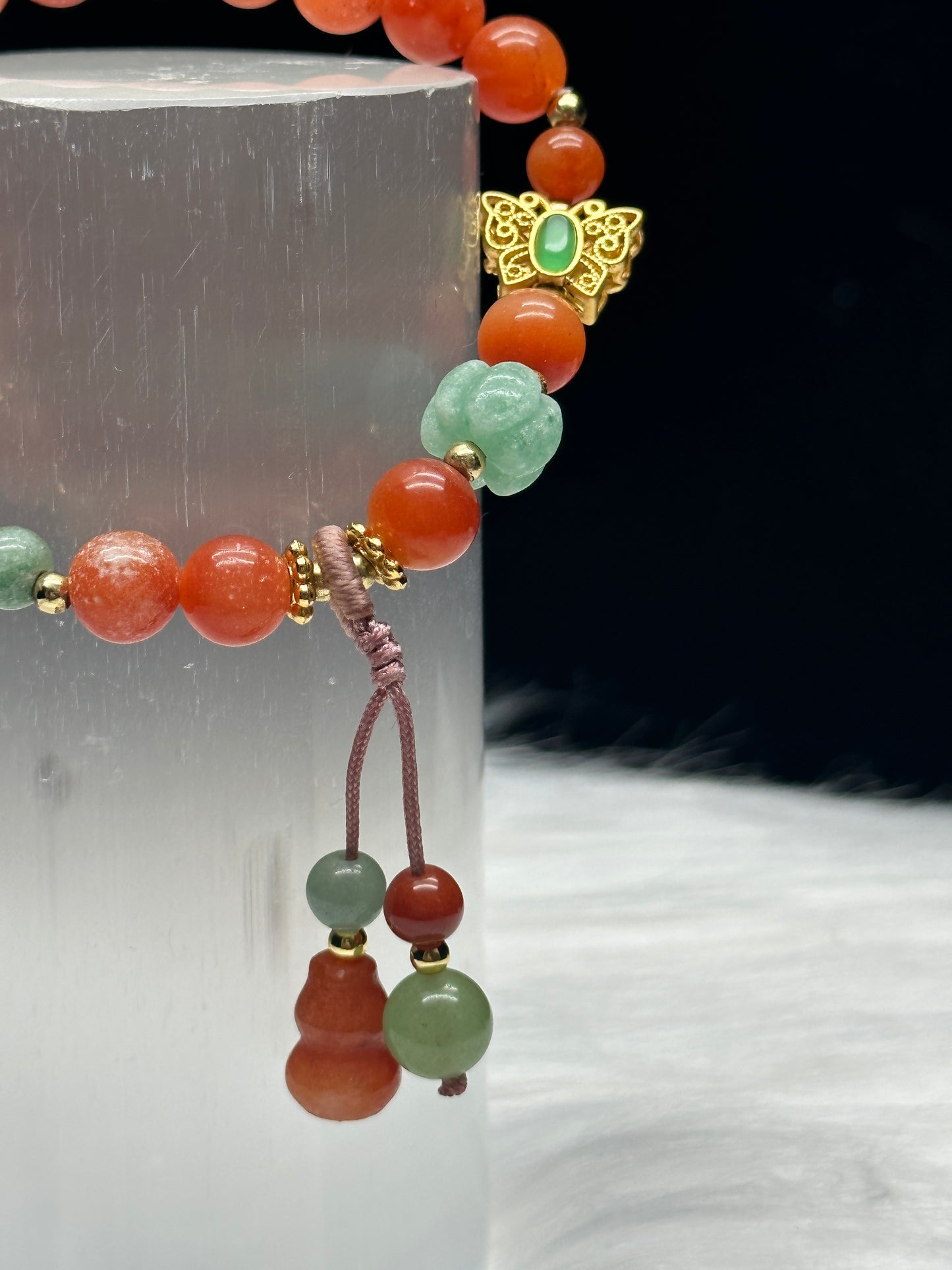 Handcrafted Agate Bracelet with Butterfly and Pumpkin Charm - Healing Crystal Jewelry