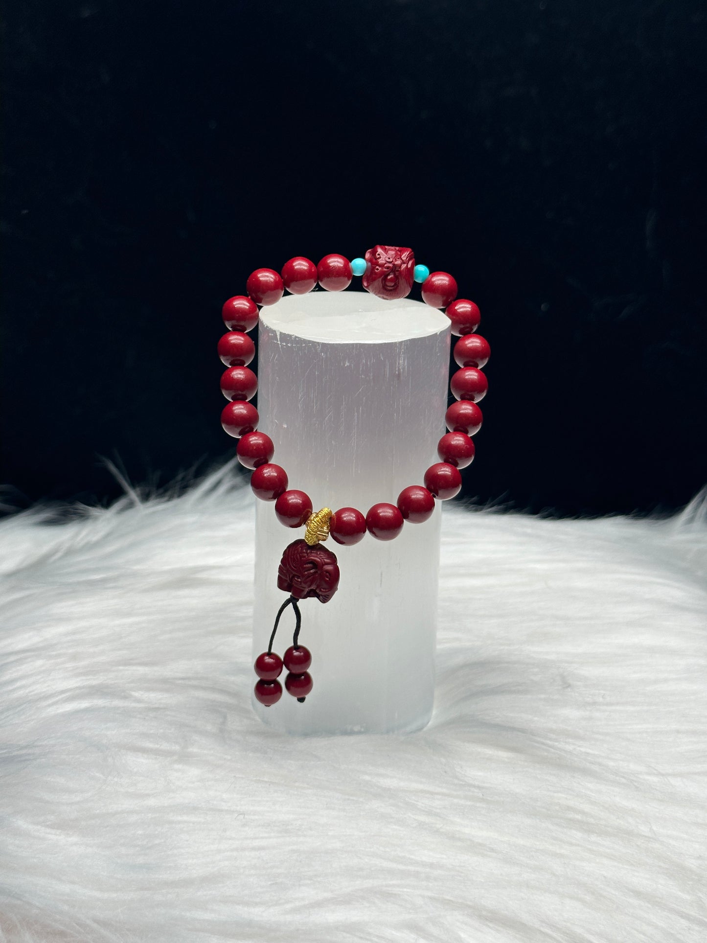 Elegant Cinnabar Crystal Bracelet with Feng Shui Lion Charm - Healing Energy, 8mm Beads