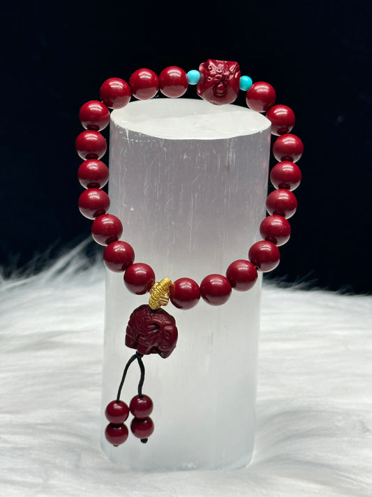 Elegant Cinnabar Crystal Bracelet with Feng Shui Lion Charm - Healing Energy, 8mm Beads