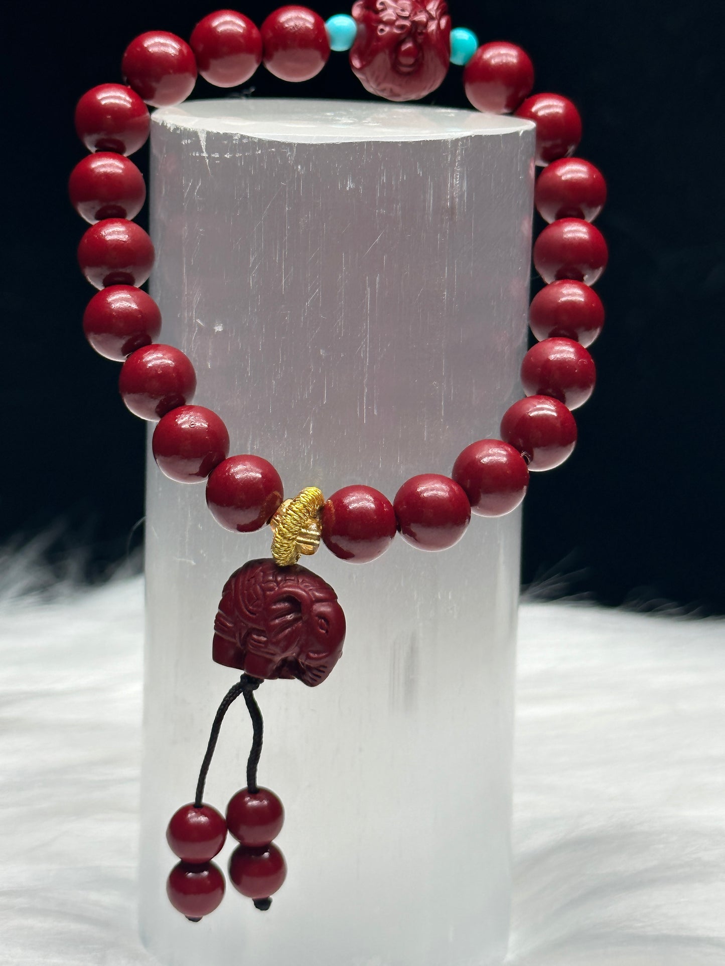 Elegant Cinnabar Crystal Bracelet with Feng Shui Lion Charm - Healing Energy, 8mm Beads