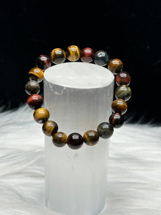 Natural Mixed Tigers Eye Crystal Bracelet - Red, Yellow, and Blue Tiger Eye Beads - Healing Energy - 10mm Bead Size