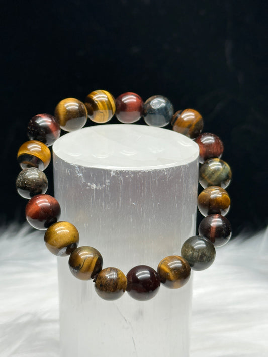 Natural Mixed Tigers Eye Crystal Bracelet - Red, Yellow, and Blue Tiger Eye Beads - Healing Energy - 10mm Bead Size