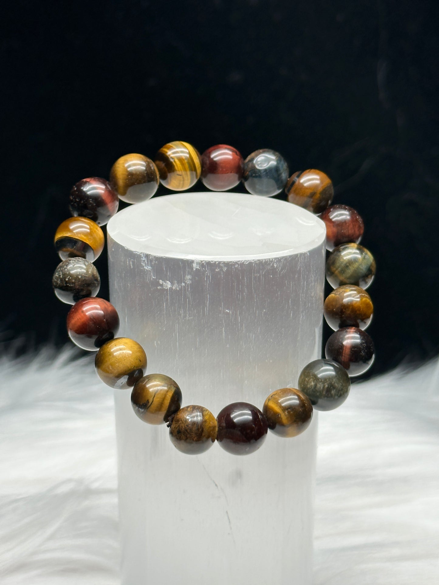 Natural Mixed Tigers Eye Crystal Bracelet - Red, Yellow, and Blue Tiger Eye Beads - Healing Energy - 10mm Bead Size