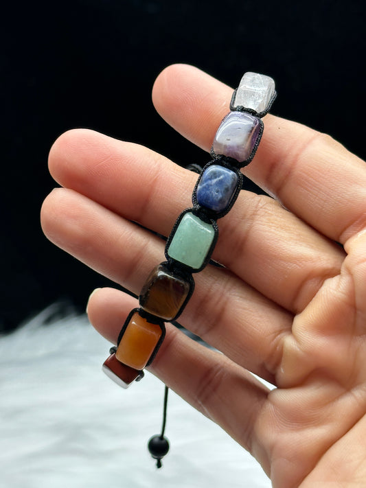 Handmade Natural Seven Chakra Crystal Bracelet on Adjustable Cord - Healing Energy and Intuitive Selection