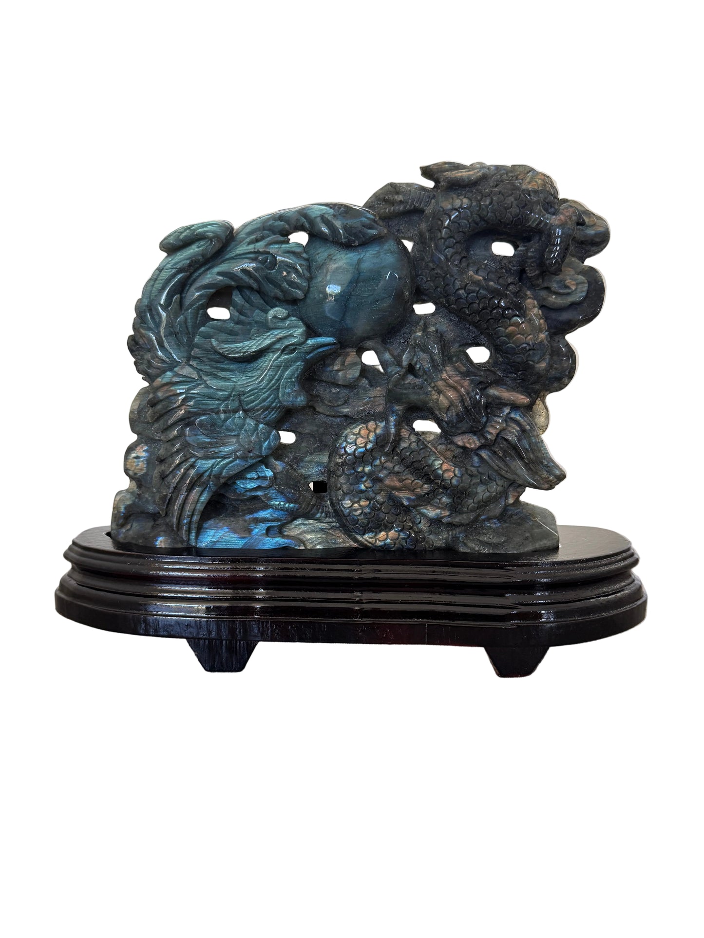 Large Labradorite Phoenix & Dragon Harmony Carving with Pearl, Blue Gold Flash, 1.5kg, 10×13" – Custom Wooden Stand Included