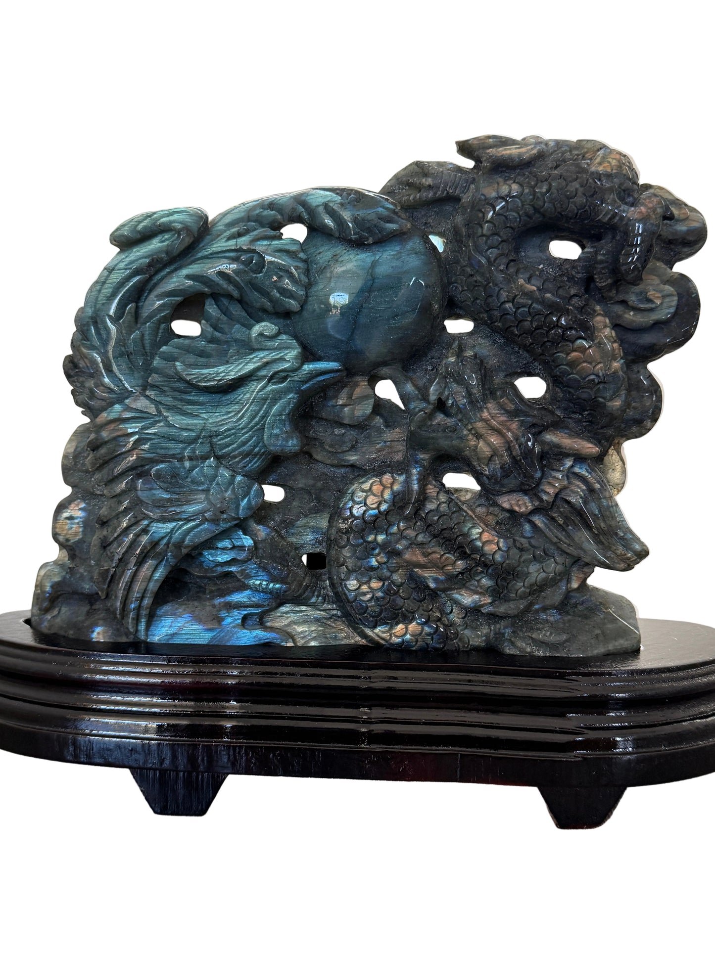 Large Labradorite Phoenix & Dragon Harmony Carving with Pearl, Blue Gold Flash, 1.5kg, 10×13" – Custom Wooden Stand Included