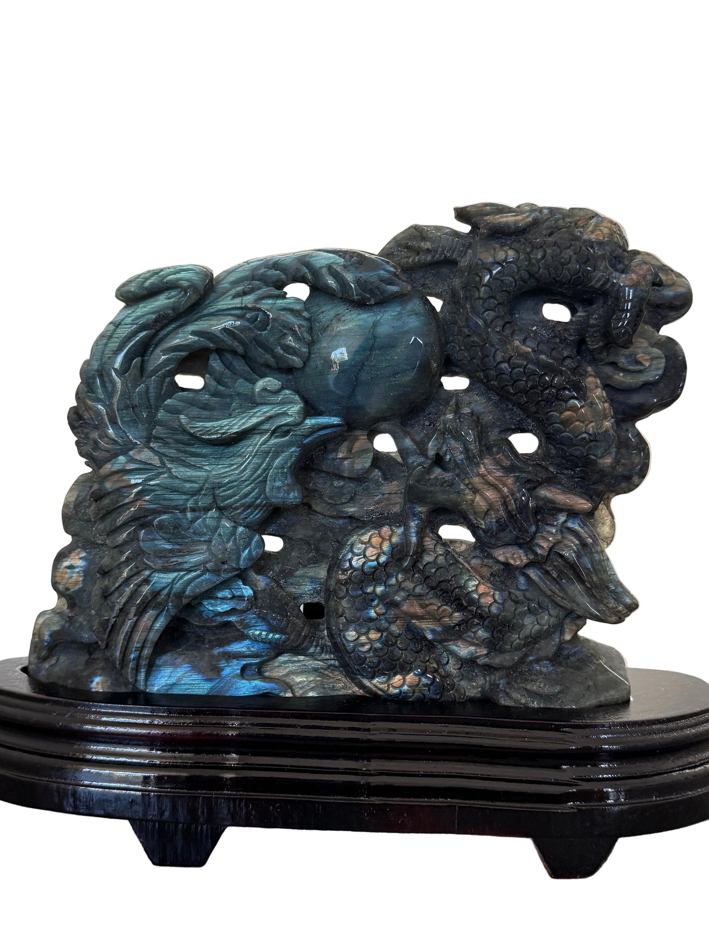 Large Labradorite Phoenix & Dragon Harmony Carving with Pearl, Blue Gold Flash, 1.5kg, 10×13" – Custom Wooden Stand Included