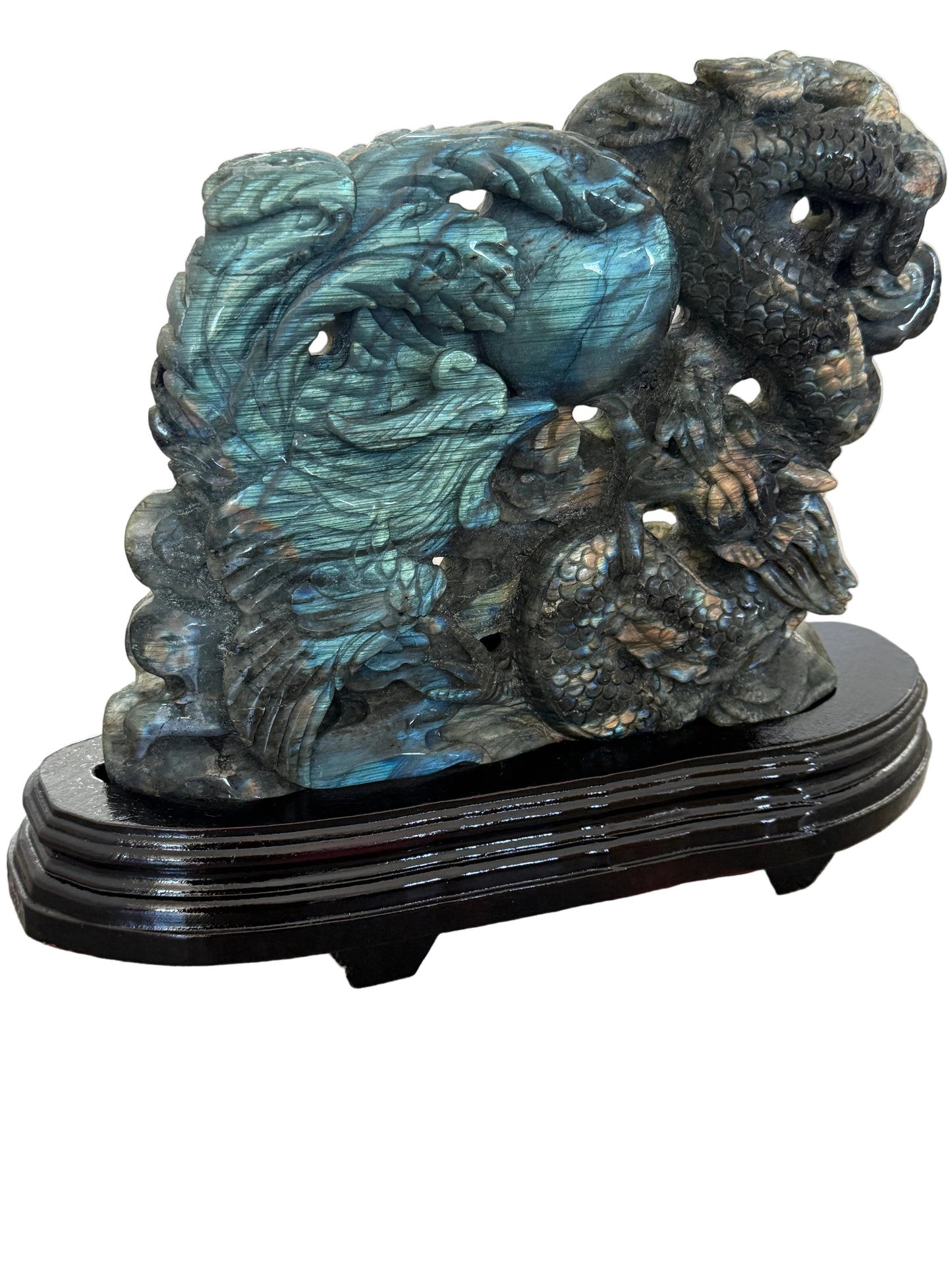 Large Labradorite Phoenix & Dragon Harmony Carving with Pearl, Blue Gold Flash, 1.5kg, 10×13" – Custom Wooden Stand Included