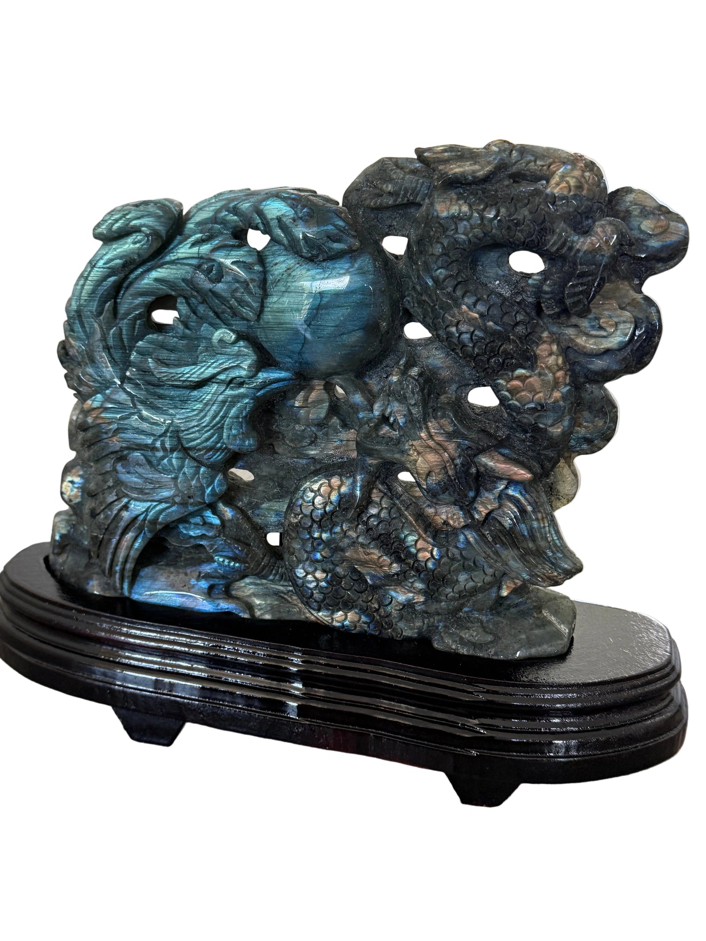 Large Labradorite Phoenix & Dragon Harmony Carving with Pearl, Blue Gold Flash, 1.5kg, 10×13" – Custom Wooden Stand Included