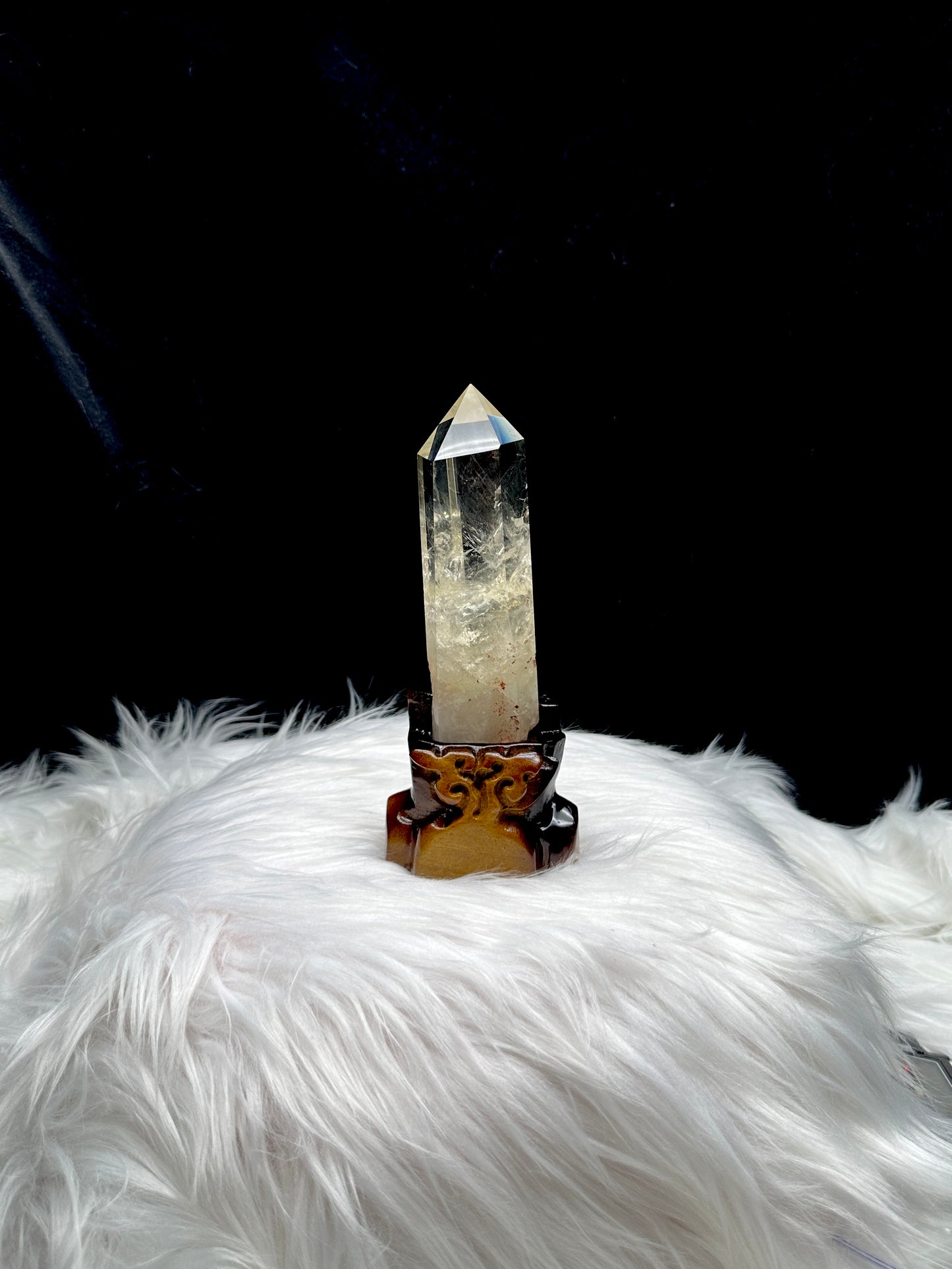 Natural Blue Needle Citrine Point on Custom Wooden Stand - 381g, 7.3 inches